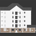 Cartoon Scene Of Multi Story Building Model White Exterior Gray Roof Brown Brick Base Reflection
