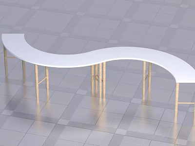 Tea Break Area Featuring White Curved Table With Golden Thin Legs On Gray Checkered Floor 3d model