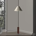 Modern Floor Lamp with Wooden Base Metal Pole Beige Shade in Corner Near Window Plant