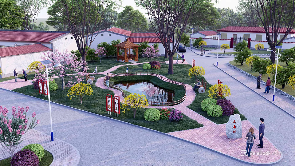 Garden Landscape Design With Trees Flower Beds Small Pond And Pathways 3d model