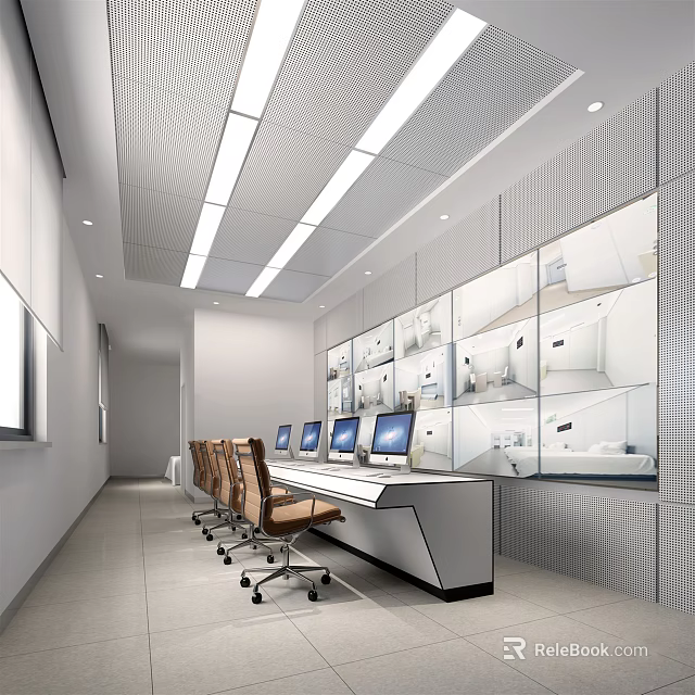 Modern Monitoring Room Interior Design With Multiple Screens Control Desk And Ergonomic Chairs 3d model 