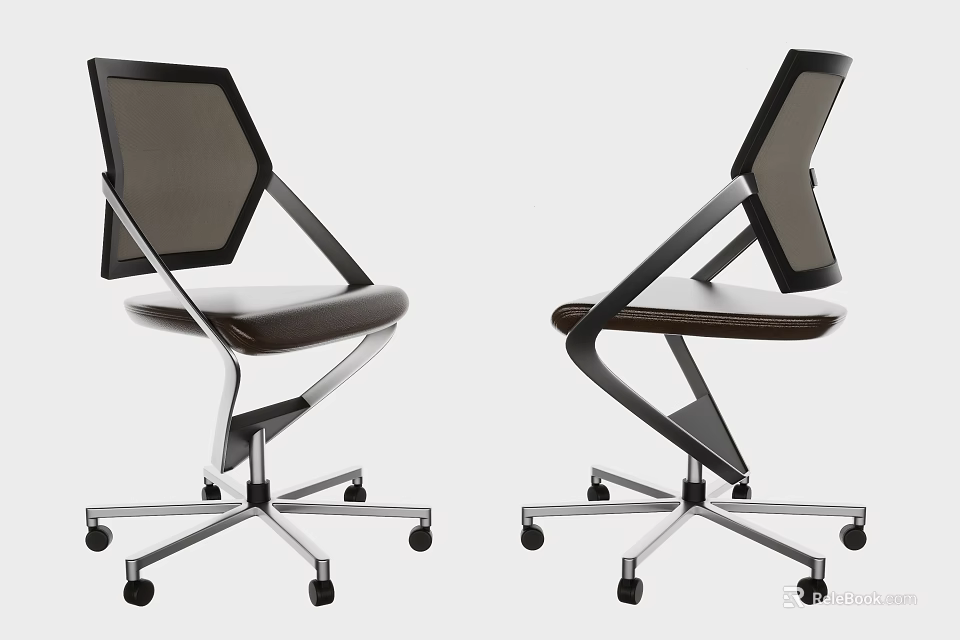 Modern Office Chair With Mesh Backrest Leather Seat And Metal Frame On Wheels 3d model 