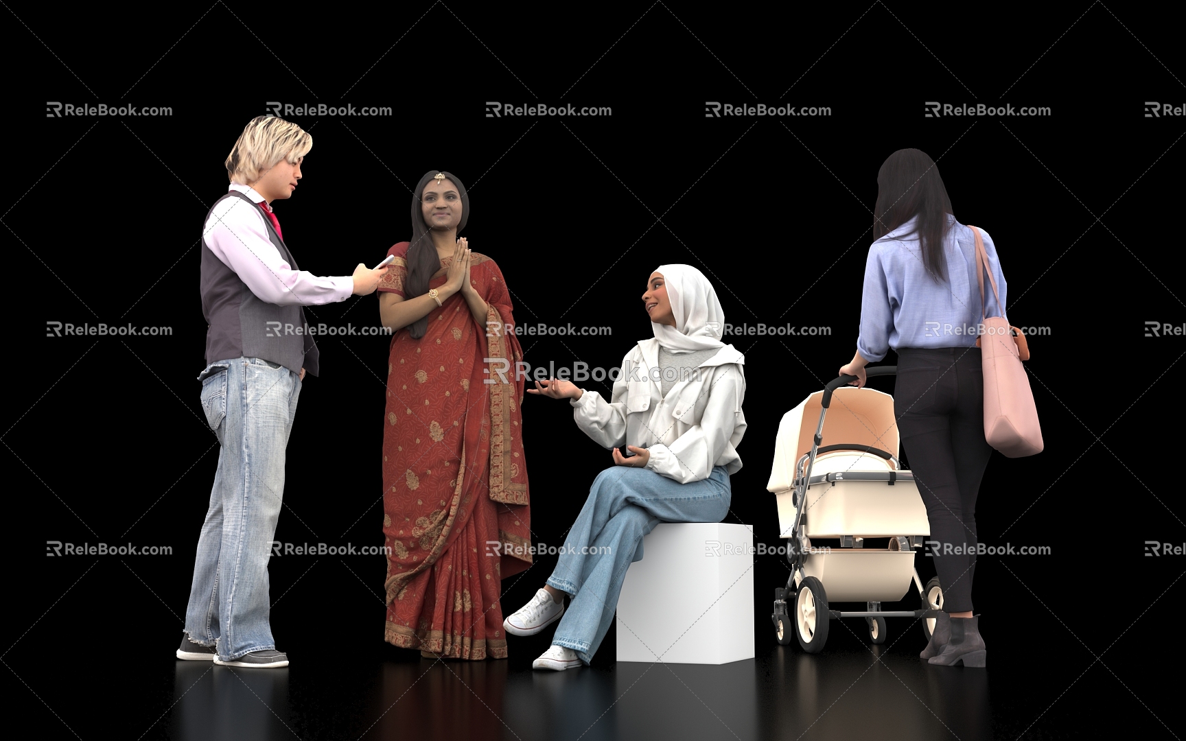 Men Japan India Women Ethnic Costumes Buddhism Sitting Dialog Talking Talking Standing Mother Stroller Stroller Scene 3d model