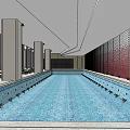 Indoor Swimming Pool With Large Windows Lounge Chairs And Red Wall Panels