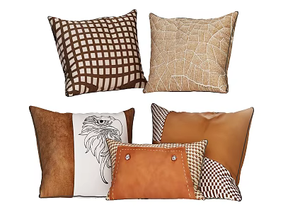 Brown Beige Throw Pillows With Checkered Woven Texture Animal Print And Leather Accents 3d model
