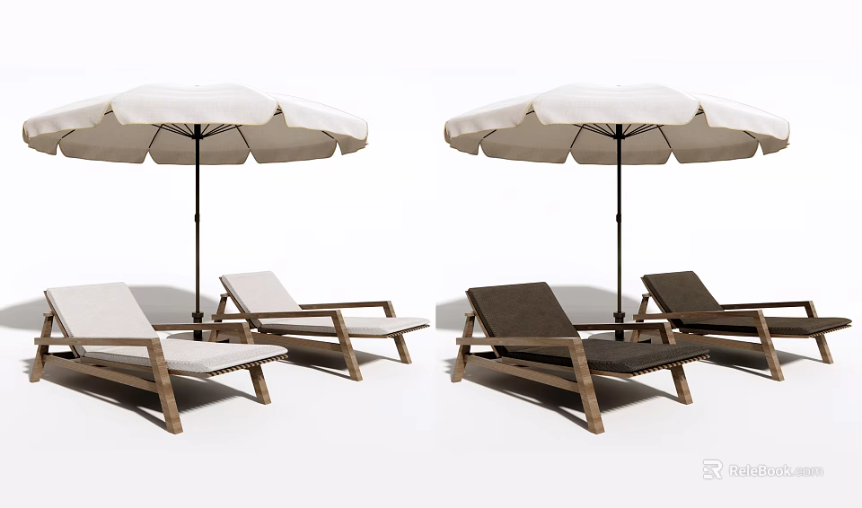 Outdoor Wooden Lounge Chairs With Light And Dark Colors Under White Umbrellas 3d model 