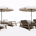 Outdoor Wooden Lounge Chairs With Light And Dark Colors Under White Umbrellas