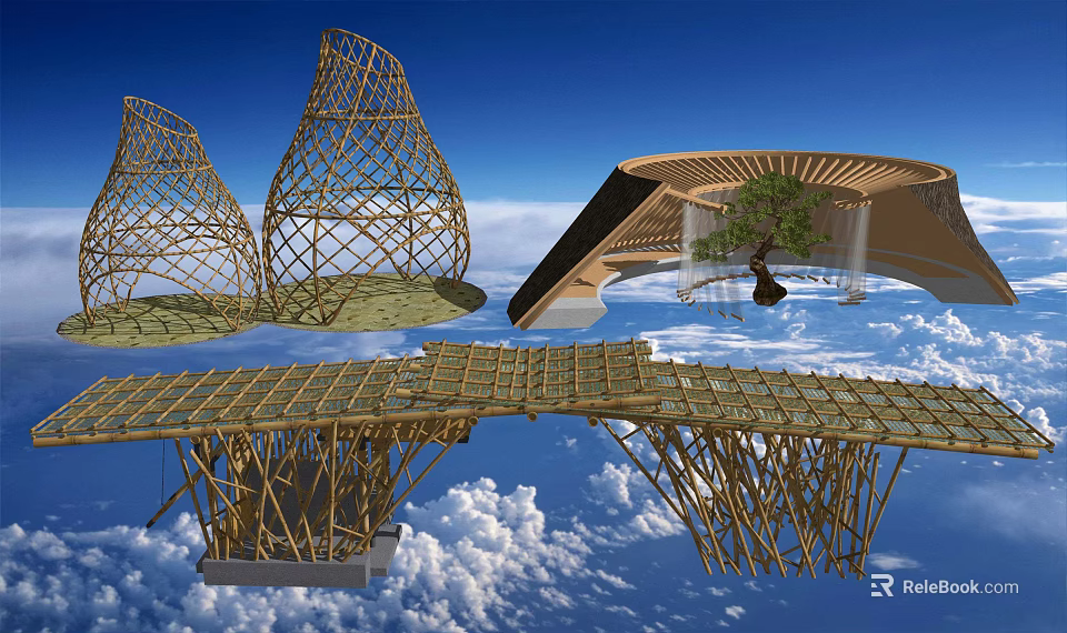 Elevated Bamboo Garden Landscape Design With Floating Structures Tree And Cloudy Sky 3d model