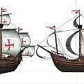 Two Vintage Wooden Sailing Ships With Red Cross Sails Masts And Flags