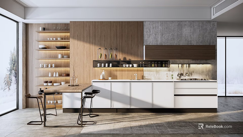 Modern Kitchen Interior With Wooden Accents White Cabinets Island Counter And Bar Stools 3d model 