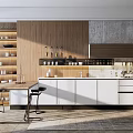 Modern Kitchen Interior With Wooden Accents White Cabinets Island Counter And Bar Stools