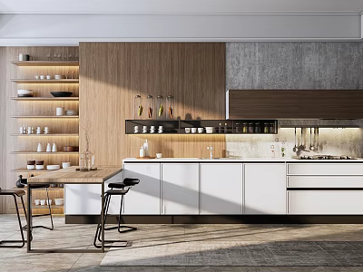 Modern Kitchen Interior With Wooden Accents White Cabinets Island Counter And Bar Stools 3d model