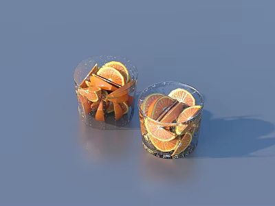 Fresh Juicy Orange Slices in Transparent Glass Cups with Cinnamon Sticks 3d model