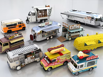 Various Colorful Food Truck Models Including Coffee Hot Dog And Ice Cream Vans 3d model