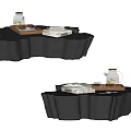 Black Irregular Shape Coffee Tables With Tea Set And Wooden Tray 3d model