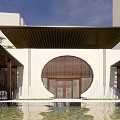 Modern Sales Office Building With Wooden Roof Perforated Wall And Glass Doors