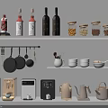 Assorted Kitchen Supplies Including Bottles Jars Hanging Pans And Coffee Makers 3d model