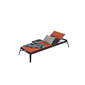 Modern Orange Cushioned Lounge Chair With Black Frame Pillows And Striped Blanket
