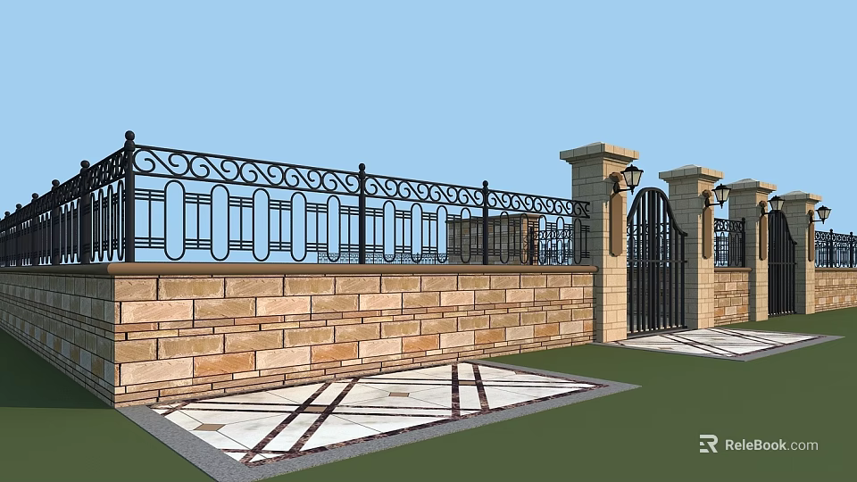 Stone Building Facade With Wrought Iron Railing Gate Lamp And Patterned Paved Ground 3d model