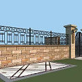 Stone Building Facade With Wrought Iron Railing Gate Lamp And Patterned Paved Ground 3d model