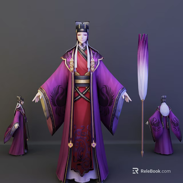 Ancient Style Game Movie Character In Purple Robe With Red Inner Garment And Ornate Decorations 3d model 
