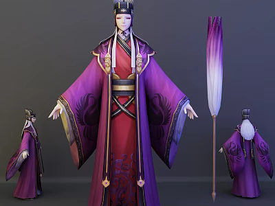Ancient Style Game Movie Character In Purple Robe With Red Inner Garment And Ornate Decorations 3d model