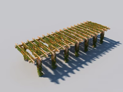 Outdoor Wooden Pergola Design With Climbing Vines On Columns And Frame 3d model