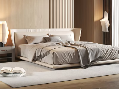 Modern Double Bed With Light Headboard Pillows Throw Blanket Wooden Wall And Nightstand 3d model