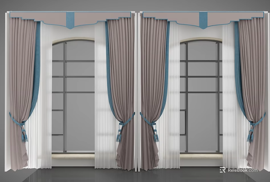 Elegant Brown Fabric Curtains With Blue Tiebacks For Arched Window White Frame And Glass Panes 3d model 