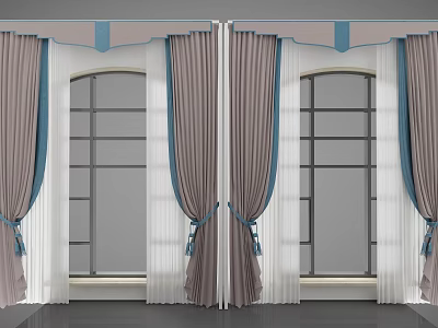 Elegant Brown Fabric Curtains With Blue Tiebacks For Arched Window White Frame And Glass Panes 3d model
