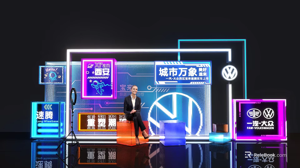 Urban Diversity Event Stage With Volkswagen Logo Host And Neon Lights Setup 3d model 