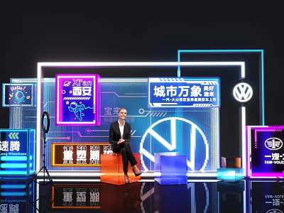 Urban Diversity Event Stage With Volkswagen Logo Host And Neon Lights Setup 3d model