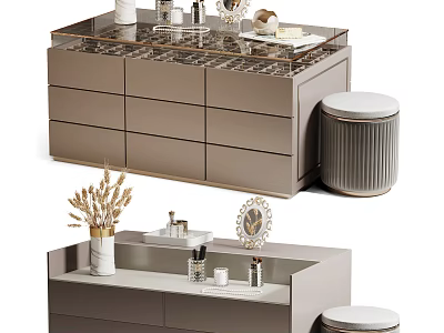 Modern Dressing Table With Glass Top Drawers And Decorative Items With Padded Stool 3d model