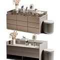 Modern Dressing Table With Glass Top Drawers And Decorative Items With Padded Stool
