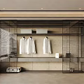 Modern Wardrobe Interior With Black Grid Doors Hanging White Shirts And Storage Space