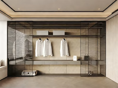 Modern Wardrobe Interior With Black Grid Doors Hanging White Shirts And Storage Space 3d model
