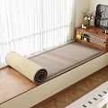 Window Area With Wooden Bench Rolled Woven Straw Rug Cabinet Mirror Vase And White Curtains