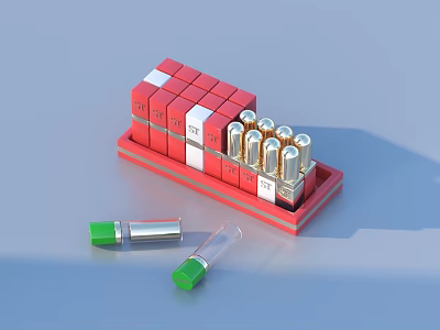 Perfume Cosmetics Collection With Red White Packaging And Metallic Green Cap Bottles 3d model