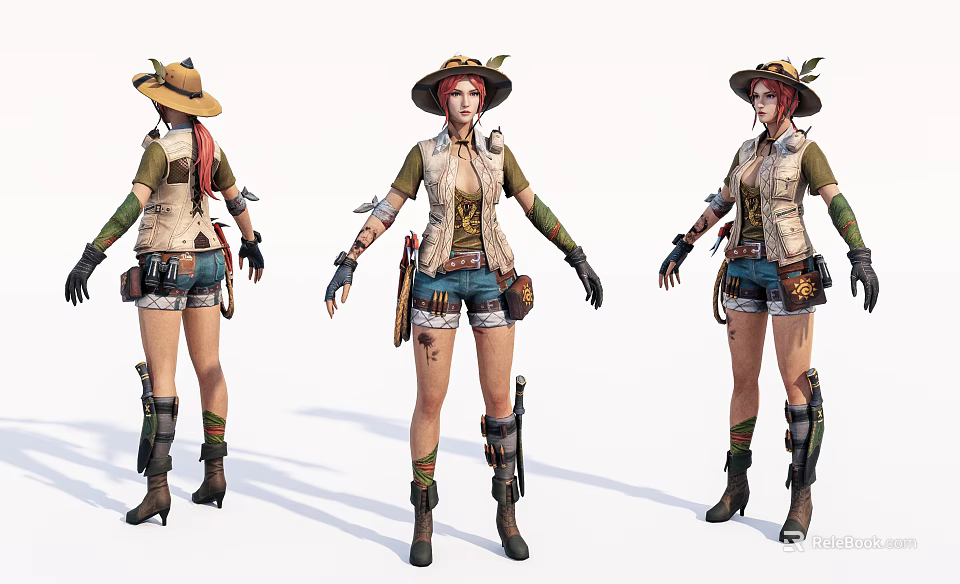 Stylish Game Movie Female Character With Red Hair Hat Vest Shorts And Boots 3d model 