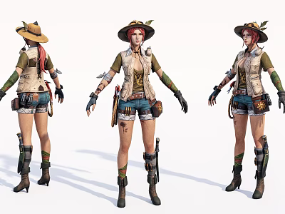 Stylish Game Movie Female Character With Red Hair Hat Vest Shorts And Boots 3d model