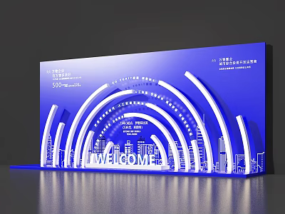 Blue Photo Check In Spot With White Curved Decorations City Silhouettes And WELCOME Lettering 3d model