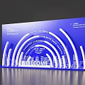 Blue Photo Check In Spot With White Curved Decorations City Silhouettes And WELCOME Lettering