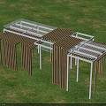 Modern Outdoor Pergola With Wooden Slats And Transparent Glass Roof On Grass Lawn