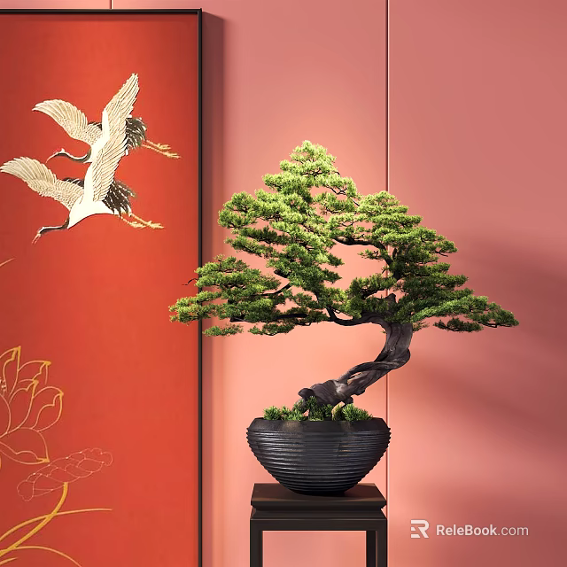 Bonsai Tree With Curved Branches In Black Pot On Red Background With White Cranes 3d model 