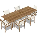 Wooden Rectangular Dining Table Set With Six White Chairs And Decorative Chandelier