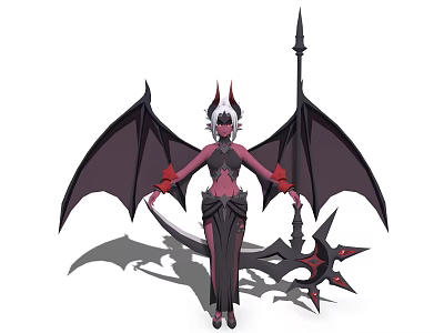 Game Movie Character With Black Wings Red Horns White Hair Red Skin Holding Spiked Spear 3d model