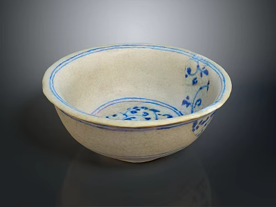 Ceramic Sculpture Bowl With White Base And Blue Floral Carved Patterns 3d model