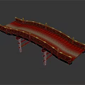 Traditional Red Arch Bridge With Wooden Railings And Decorative Pillars