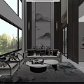 Elegant New Chinese Style Open Plan Living And Dining Room With High Ceiling Wooden Decoration