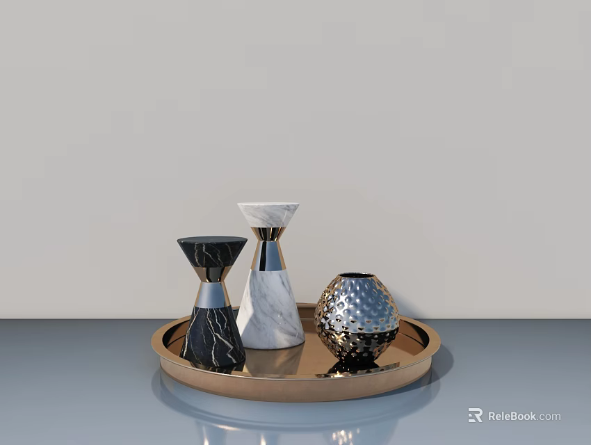Modern Swing Door Design With Gold Tray Marble Vases And Metal Decorations 3d model 